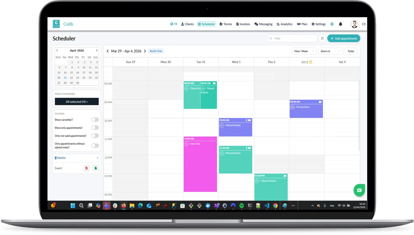 Horaire Colib : vue hebdomadaire avec une colonne par praticien, rendez-vous en ligne et en personne